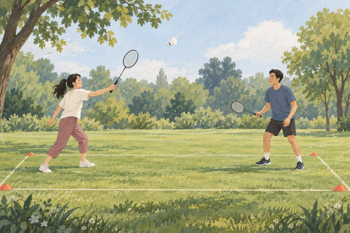 Ilustracja dwóch osób grających rekreacyjnie w badmintona na parkowym trawniku.