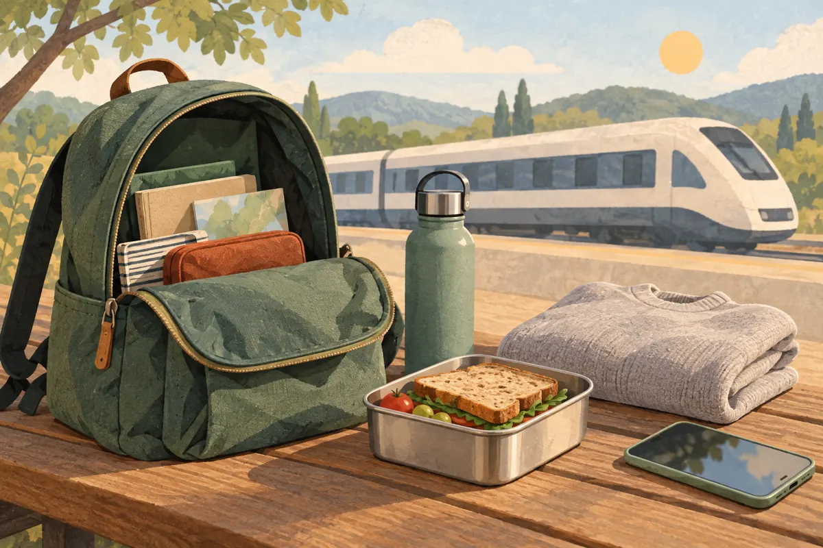 Ilustracja plecaka i podstawowych rzeczy na jednodniową wycieczkę pociągiem